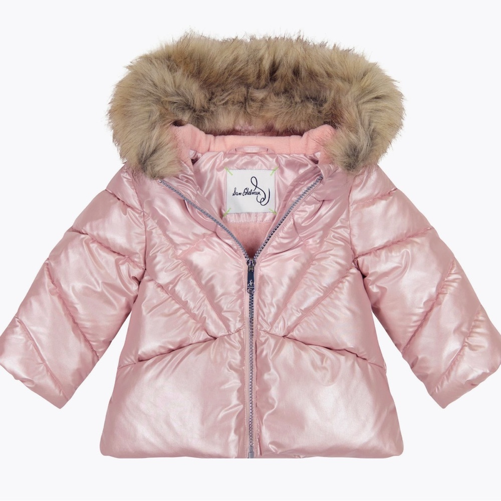 Sam Edelman Girls’ Rose Gold Metallic Fur Trim Puffer Jacket